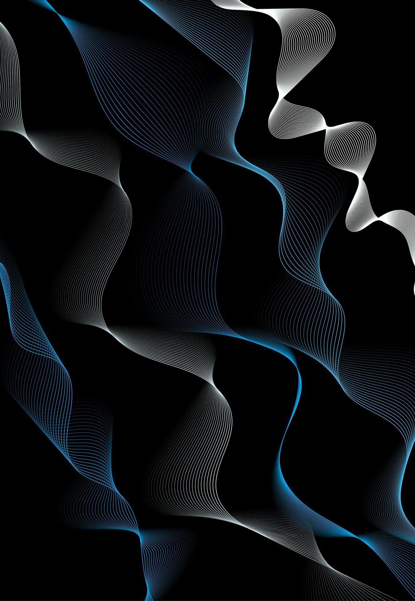 a black background with blue and white wavy lines